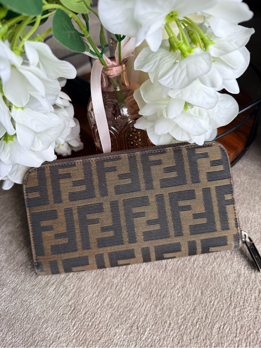 Fendi Zucca Zip Around Wallet in Brown and Black Authentic